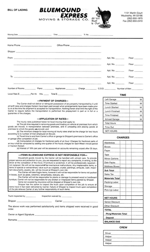 bill of lading example small